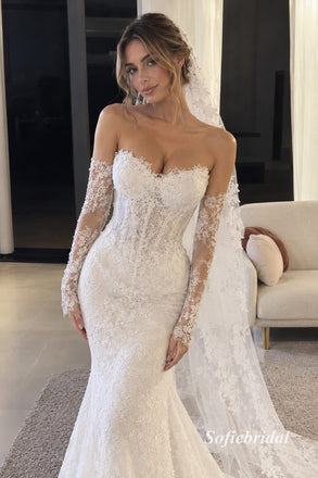 Strapless Sweetheart Lace Mermaid Wedding Dress, Long Lace Veil & Cathedral Train Bridal Gown, SFWD0140