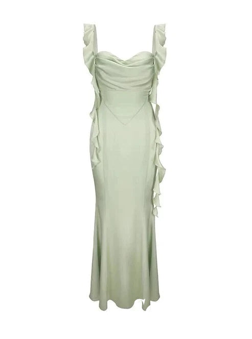 Sexy Sage Soft Satin Spaghetti Straps Sleeveless Open Back Mermaid Long Prom Dress, PD01011