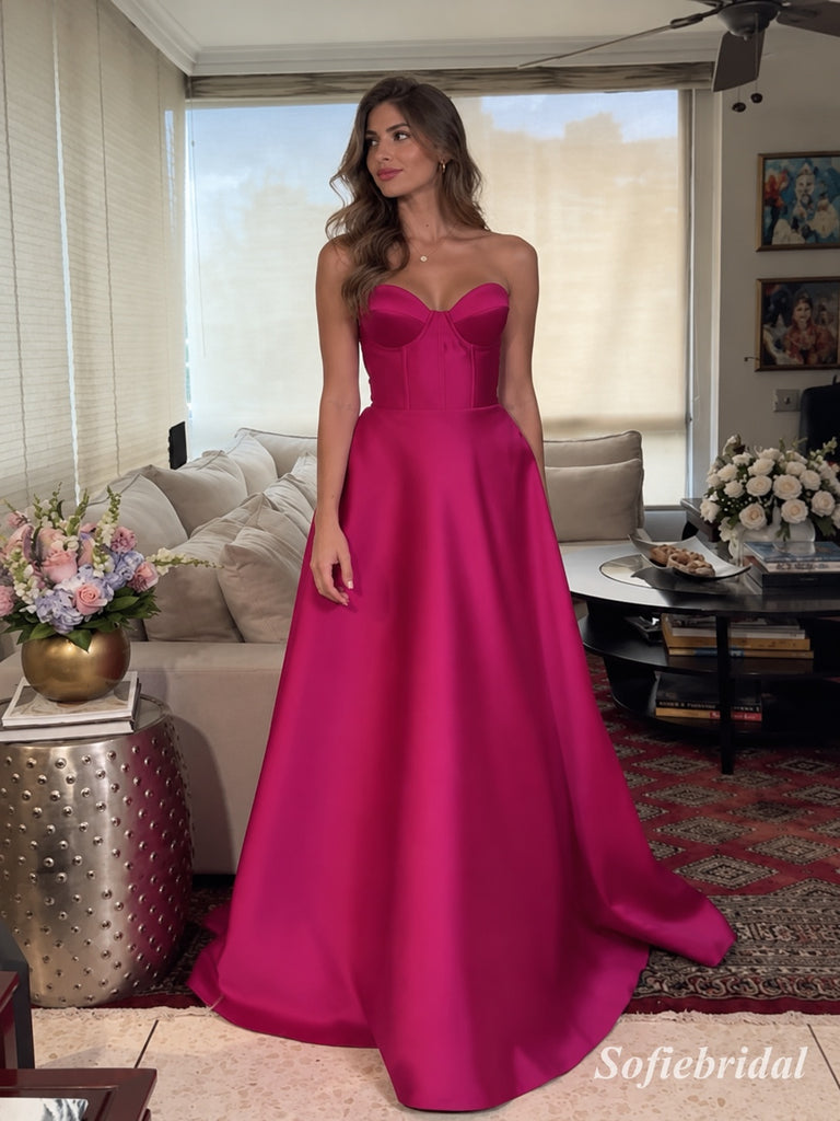Fuchsia Satin Strapless Sweetheart A-Line Gown With Structured Corset Bodice & Simple Flowy Skirt, PD13878