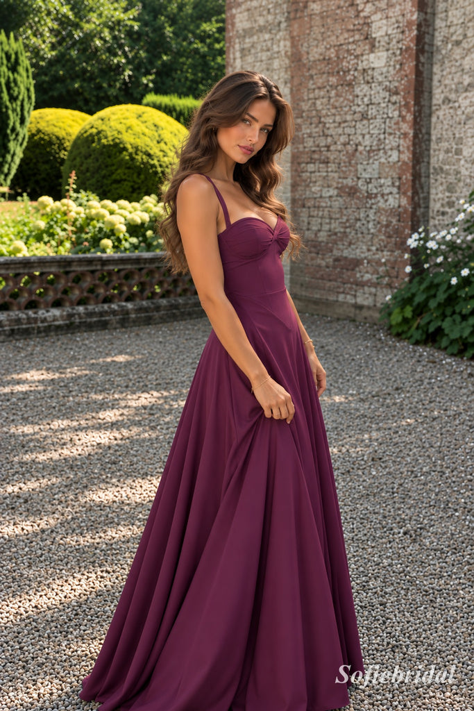 Plum Chiffon Wide Strap Sweetheart A-Line Gown With Twisted Ruched Bodice & Flowy Full Skirt, PD13882