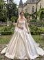 White Heavy Satin Strapless Ruched Bodice Ball Gown Wedding Dress With Dramatic Bow & Sweep Train,SFWD0114