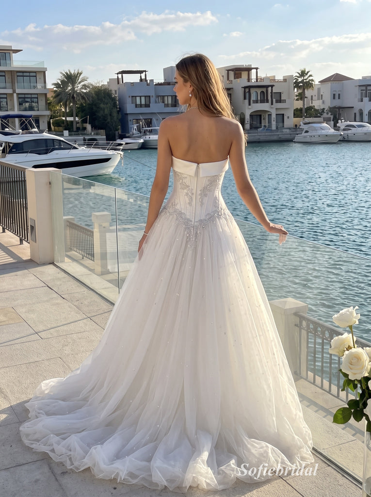 White Jacquard Satin Strapless Square Neck Structured Bodice Ball Gown Floor Length Wedding Dress ,SFWD0106