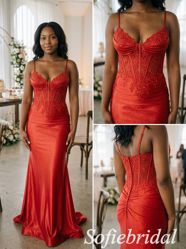Red Glitter Satin Lace Corset Spaghetti Straps Floor Length Mermaid Evening Gown,PD1344