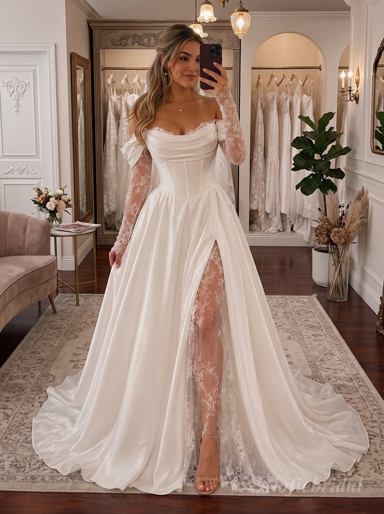 White Heavy Satin Sweetheart Corset Structured Bodice Ball Gown Wedding Dress With Sweep Train,SFWD0110