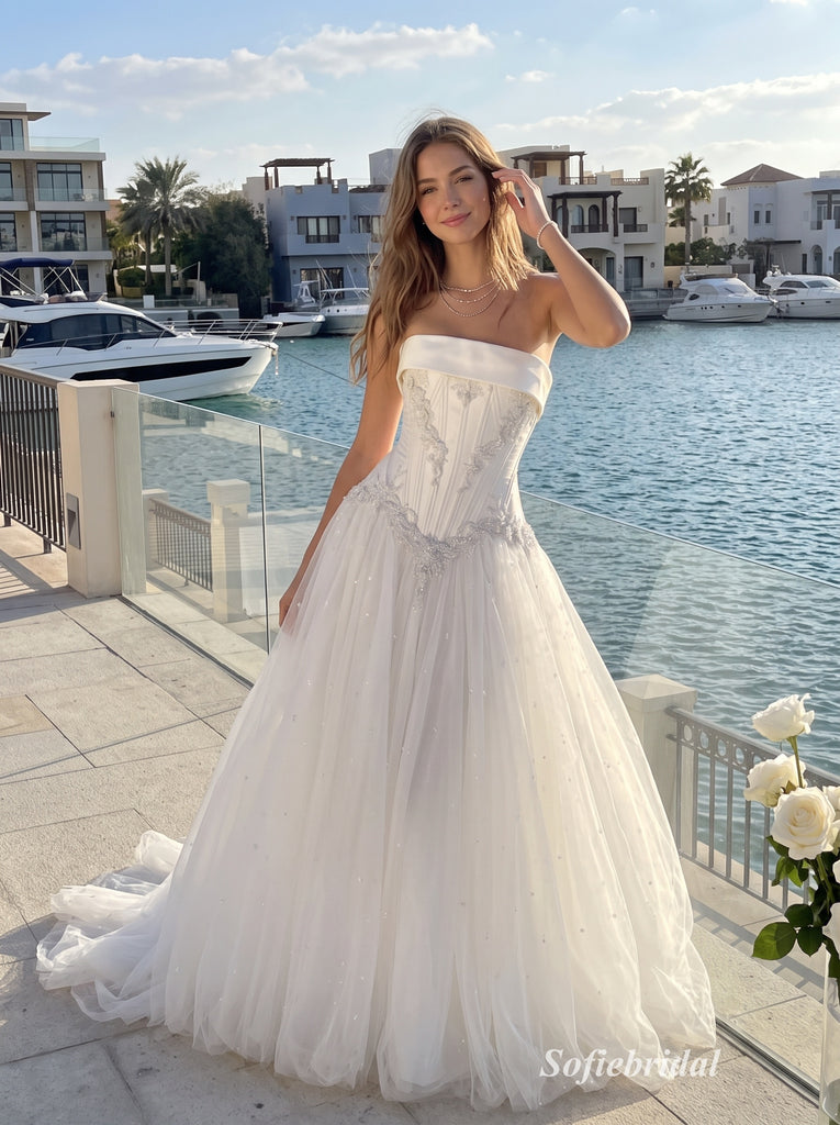White Jacquard Satin Strapless Square Neck Structured Bodice Ball Gown Floor Length Wedding Dress ,SFWD0106