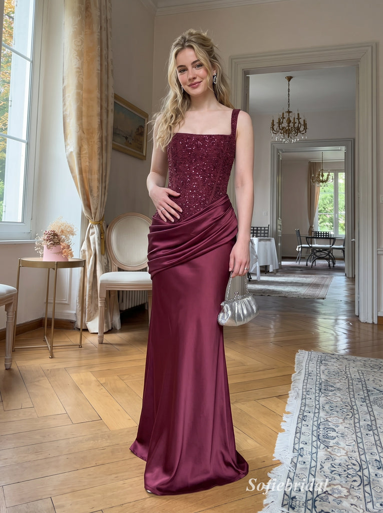 Burgundy One Shoulder Square Neck Sequin Corset Bodice Satin Mermaid Floor Length Evening Dress,PD13857