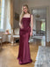 Burgundy One Shoulder Square Neck Sequin Corset Bodice Satin Mermaid Floor Length Evening Dress,PD13857