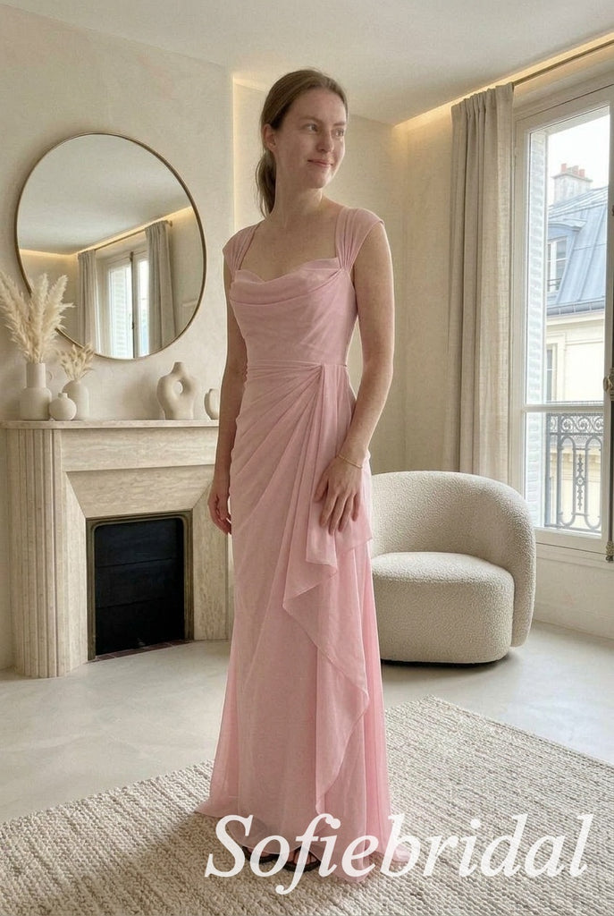 Blush Pink Chiffon Square Cowl Neck Cap Sleeve Draped Ruched Floor Length A-Line Prom Dress ,PD1361