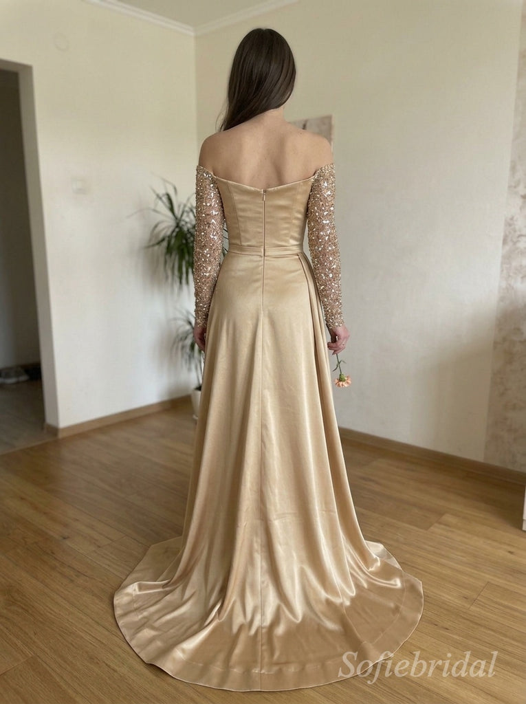 Champagne Off-Shoulder Beaded Satin Gown | Hand-Embellished Sparkle Sleeves, Slit & Train — Luxury Evening & Wedding Dress,PD1372