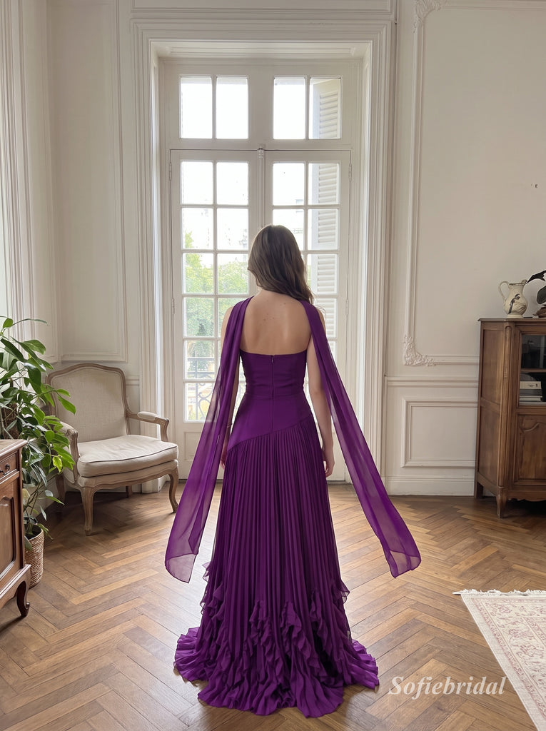 Purple Chiffon Strapless Asymmetrical Bodice A-Line Gown With Pleated Ruffle Skirt & Choker Sash, PD13869