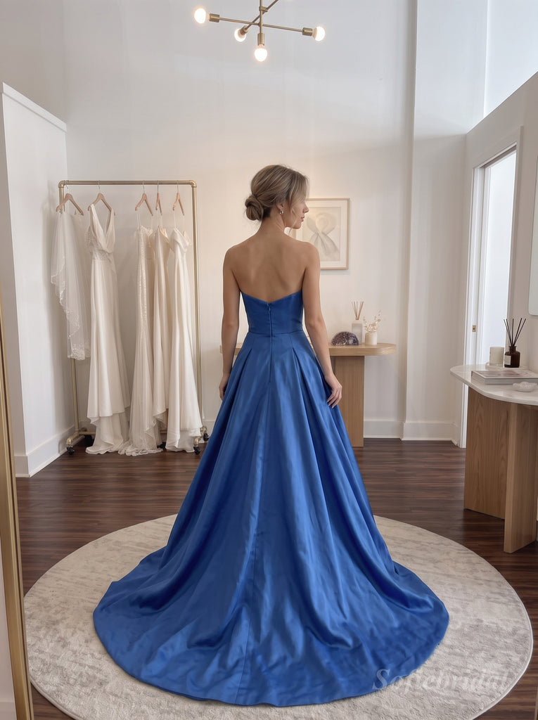 Royal Blue Satin Strapless Tube Neck Structured Ball Gown Formal Dress, PD13864