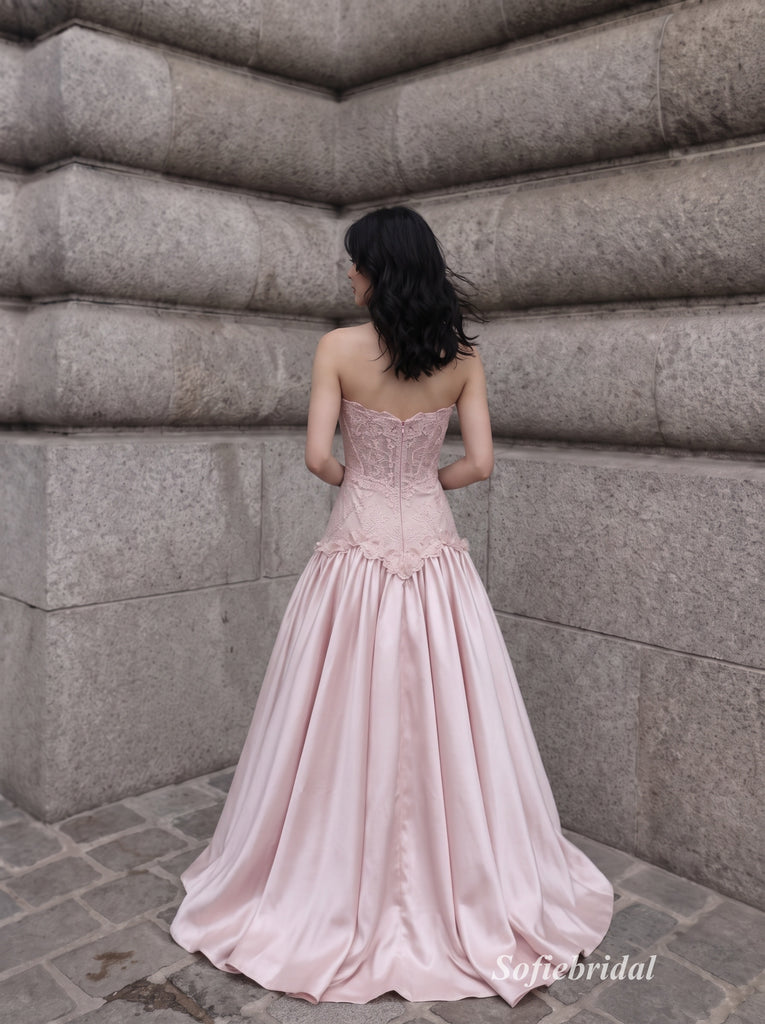 Dusty Blush Strapless Sweetheart Lace Applique Bodice Satin Ball Gown Floor Length Evening Dress,PD13855