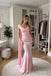 Pink Satin Draped Cowl Neck Spaghetti Strap Mermaid Evening Dress With Long Streamers,PD13863