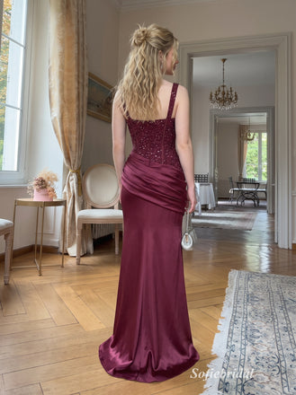 Burgundy One Shoulder Square Neck Sequin Corset Bodice Satin Mermaid Floor Length Evening Dress,PD13857