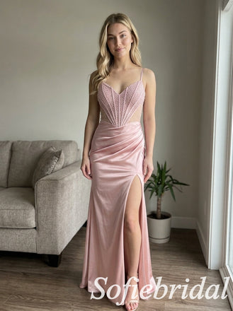 Dusty Pink Satin Spaghetti Straps Beaded Sheer Corset Side Slit Mermaid Prom Dress,PD1363