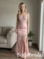 Dusty Pink Satin Spaghetti Straps Beaded Sheer Corset Side Slit Mermaid Prom Dress,PD1363