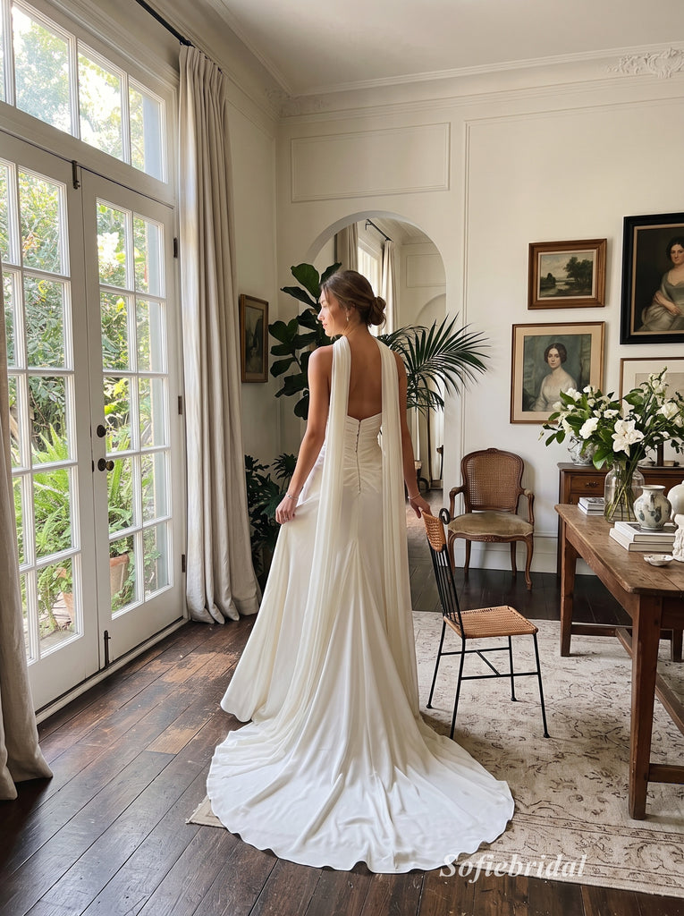 Ivory Strapless Sweetheart Ruched Bodice Satin Mermaid Wedding Dress With Detachable Neck Sash Train,PD13859