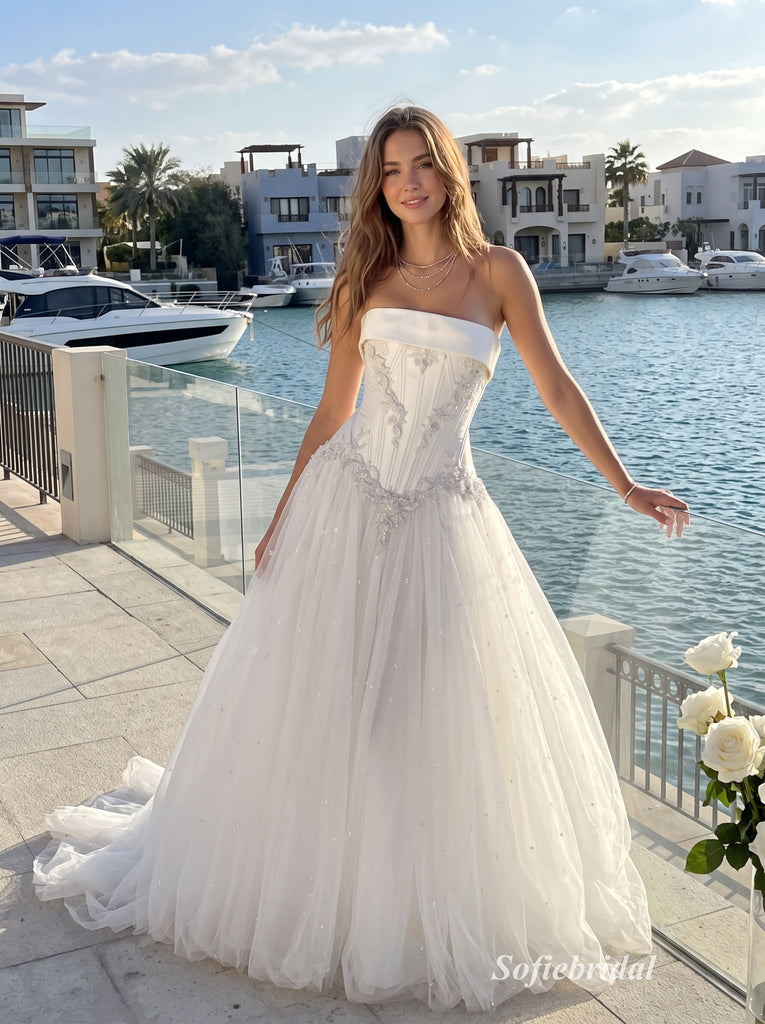 White Jacquard Satin Strapless Square Neck Structured Bodice Ball Gown Floor Length Wedding Dress ,SFWD0106