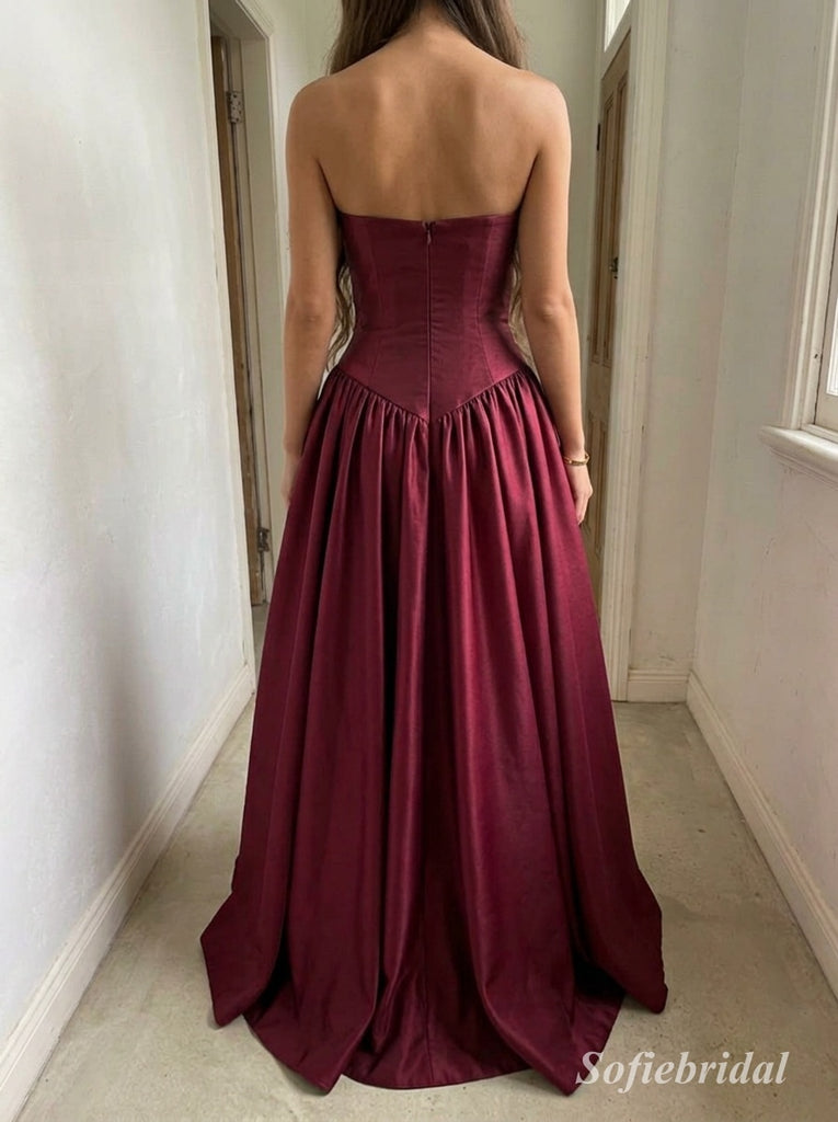 Burgundy Satin Strapless Straight Neck Structured Bodice Gathered A-Line Evening Dress,PD13841