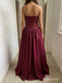 Burgundy Satin Strapless Straight Neck Structured Bodice Gathered A-Line Evening Dress,PD13841
