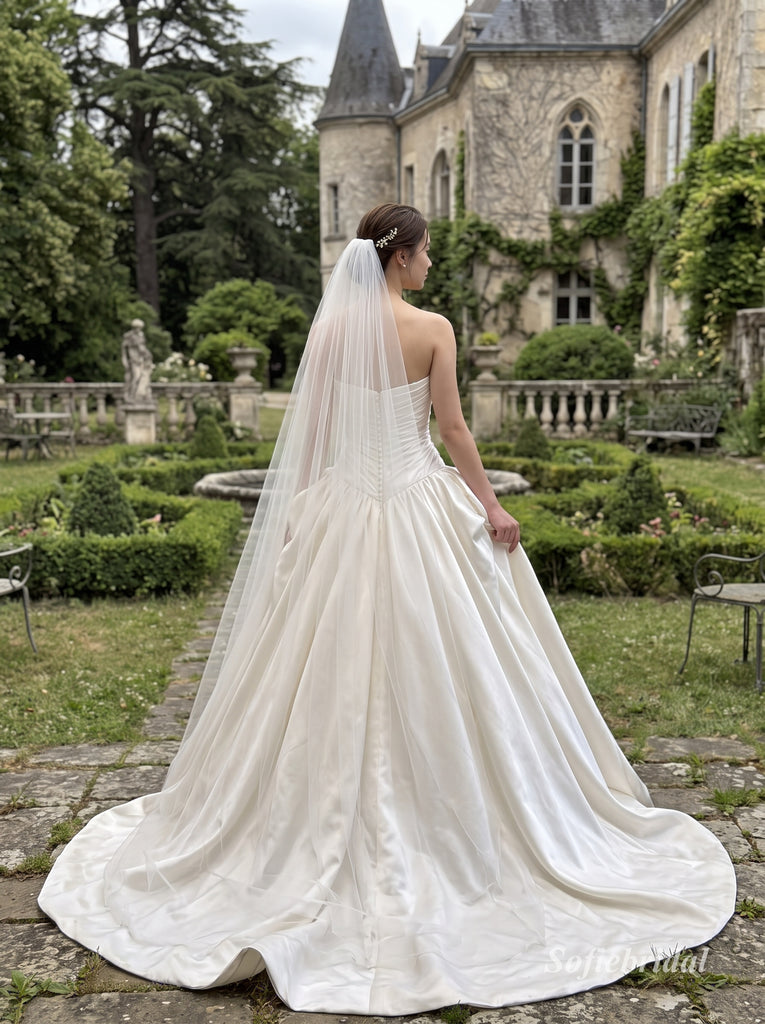 White Heavy Satin Strapless Ruched Bodice Ball Gown Wedding Dress With Dramatic Bow & Sweep Train,SFWD0114