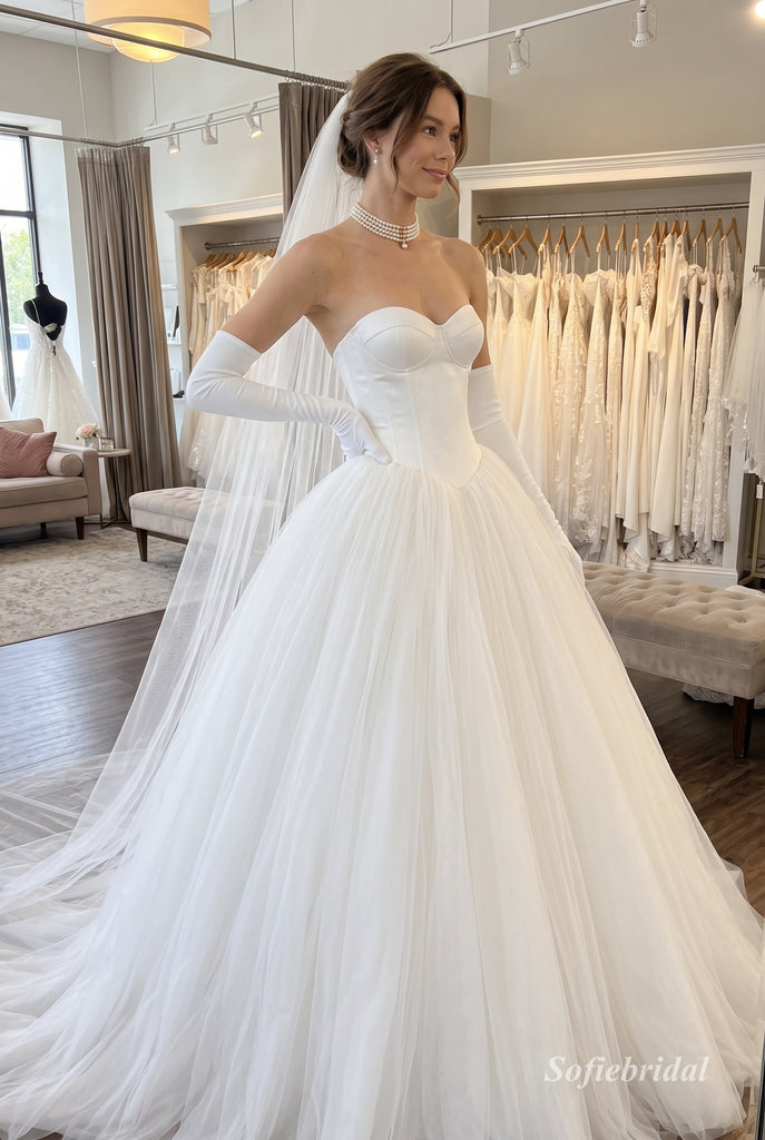 White Satin & Tulle Sweetheart Corset Bodice Ball Gown Wedding Dress With Sheer Back,SFWD0113