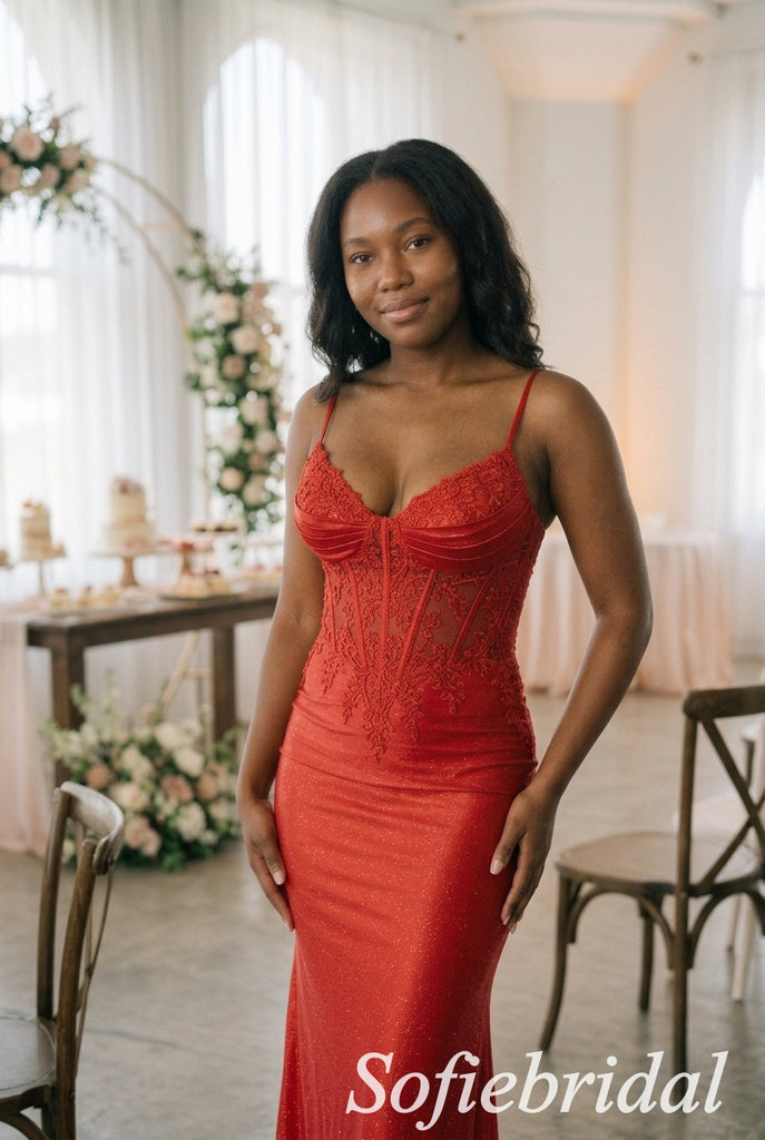 Red Glitter Satin Lace Corset Spaghetti Straps Floor Length Mermaid Evening Gown,PD1344