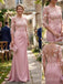 Muted Pink Crepe Ruched Mother Of The Bride Dress With Sheer 3D Floral Lace Bodice,SFM022