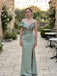 Sage Green Satin Off The Shoulder Draped Ruffle Beaded Mermaid High Slit Floor Length Prom Dress,PD1375