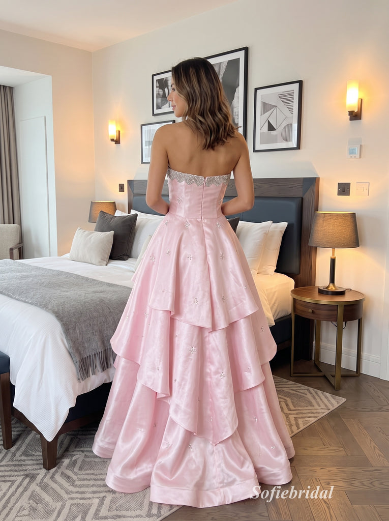 Blush Pink Strapless Straight Neck Beaded Bodice High Low Satin Evening Dress,PD13853