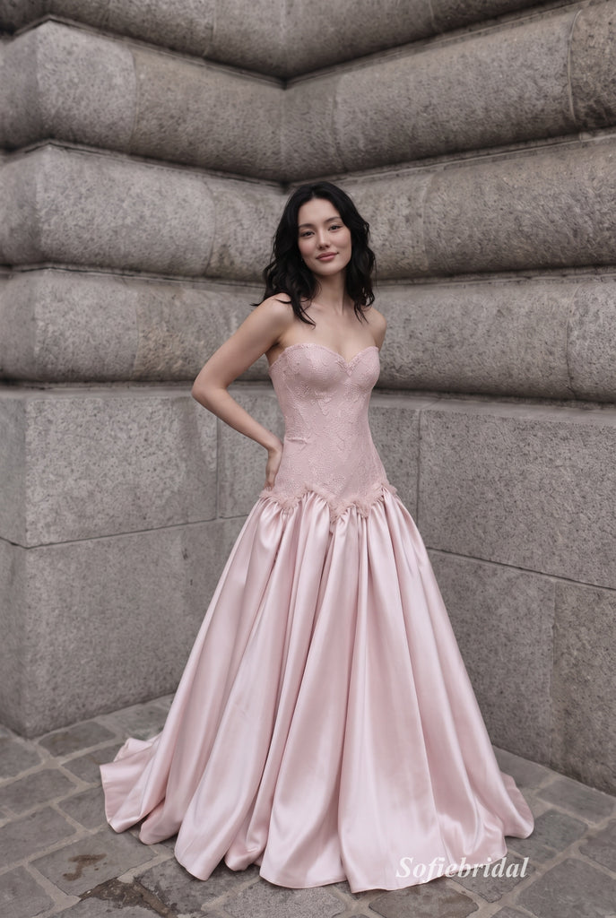 Dusty Blush Strapless Sweetheart Lace Applique Bodice Satin Ball Gown Floor Length Evening Dress,PD13855