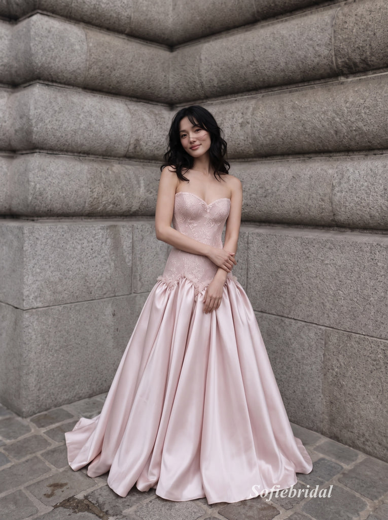 Dusty Blush Strapless Sweetheart Lace Applique Bodice Satin Ball Gown Floor Length Evening Dress,PD13855