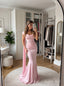 Pink Satin Draped Cowl Neck Spaghetti Strap Mermaid Evening Dress With Long Streamers,PD13863