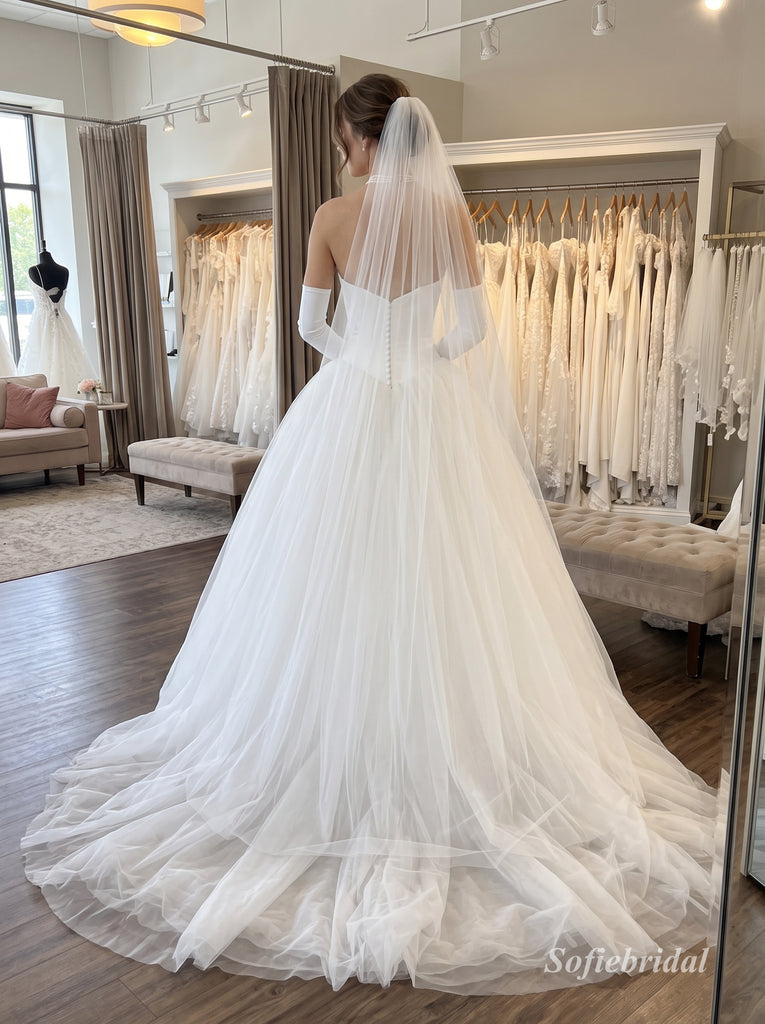 White Satin & Tulle Sweetheart Corset Bodice Ball Gown Wedding Dress With Sheer Back,SFWD0113