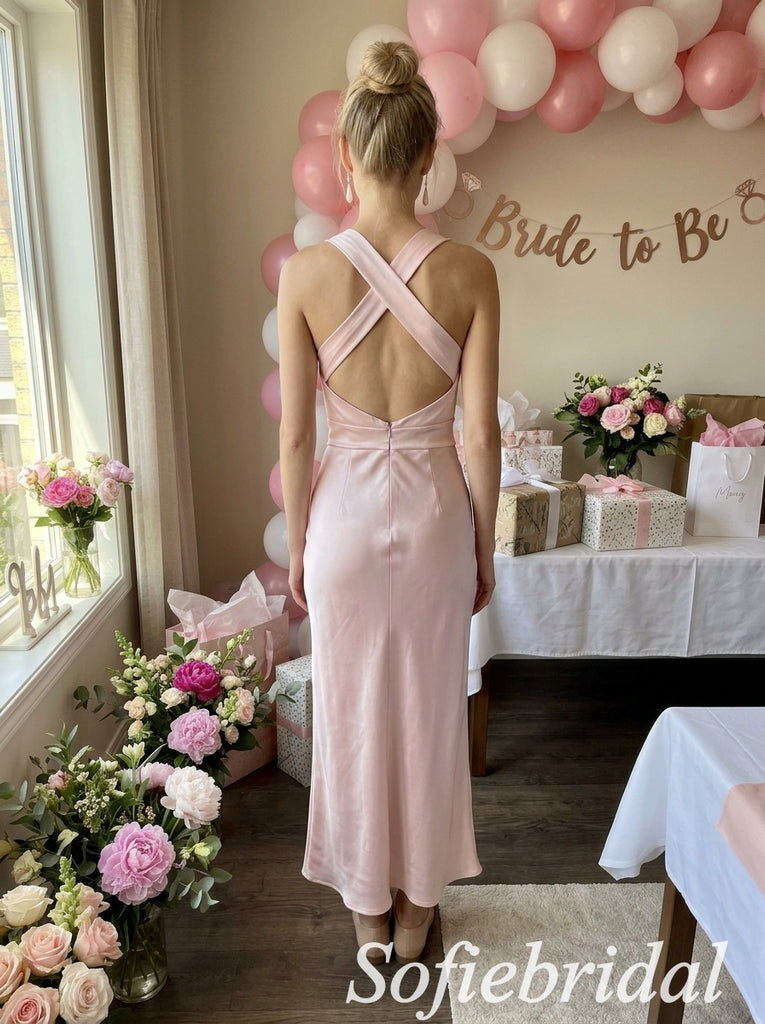 Blush Satin Twisted Halter Keyhole Cross Back Midi Column Bridesmaid Dress,PD1345