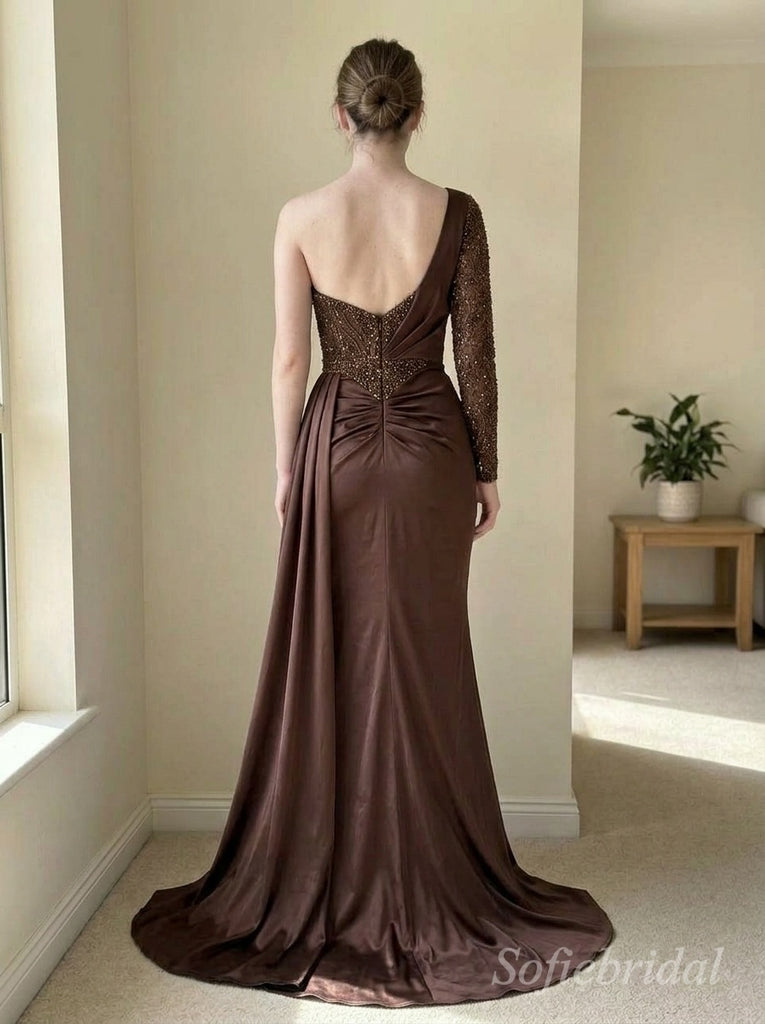 Chocolate One-Shoulder Beaded Satin Gown | Hand-Embellished Sparkle Sleeve, High Slit & Train Dress,PD1373