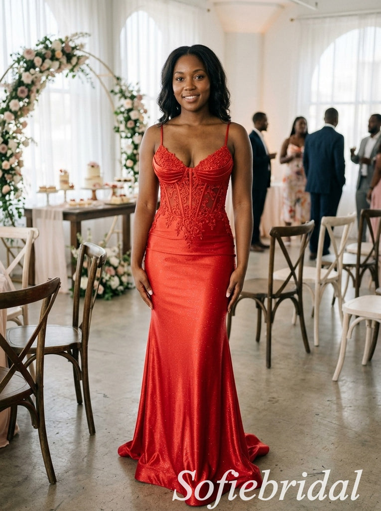 Red Glitter Satin Lace Corset Spaghetti Straps Floor Length Mermaid Evening Gown,PD1344