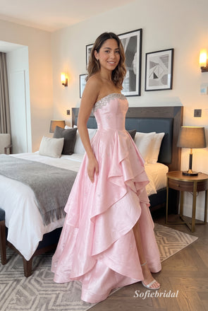 Blush Pink Strapless Straight Neck Beaded Bodice High Low Satin Evening Dress,PD13853