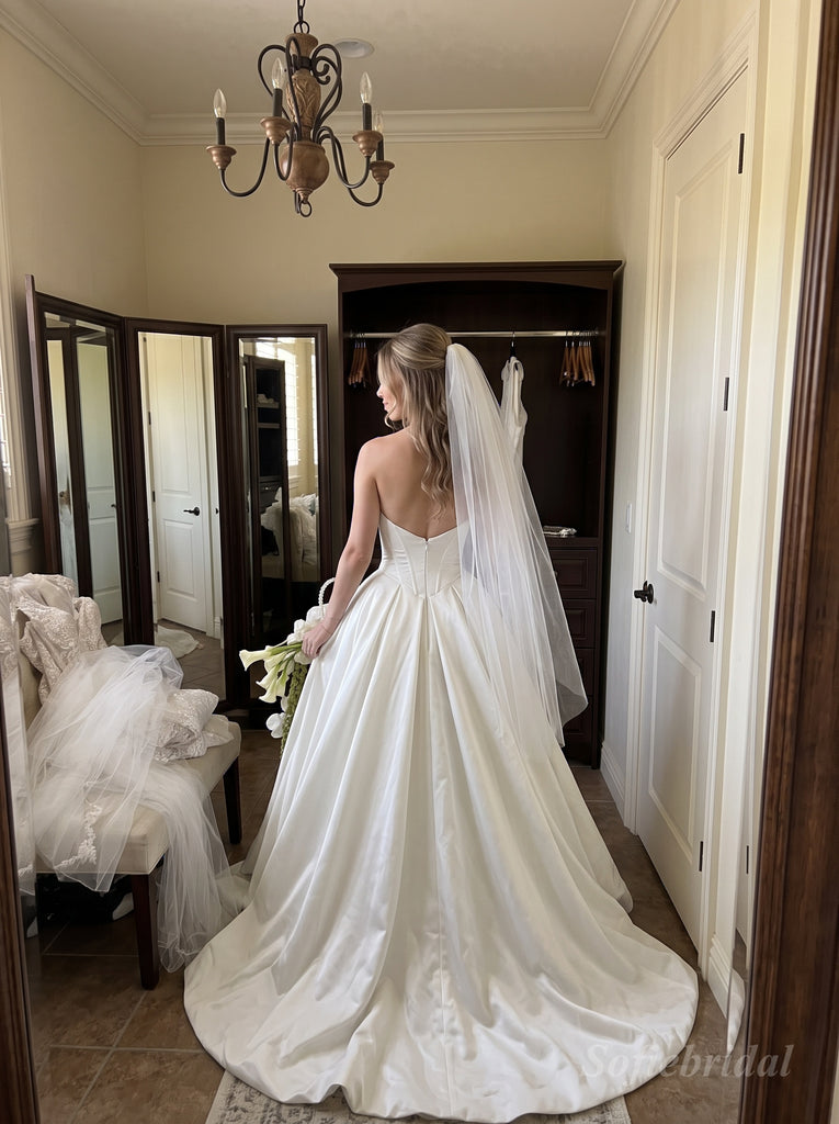 White Heavy Satin Sweetheart Corset Structured Bodice Ball Gown Wedding Dress With Sweep Train，SFWD0109