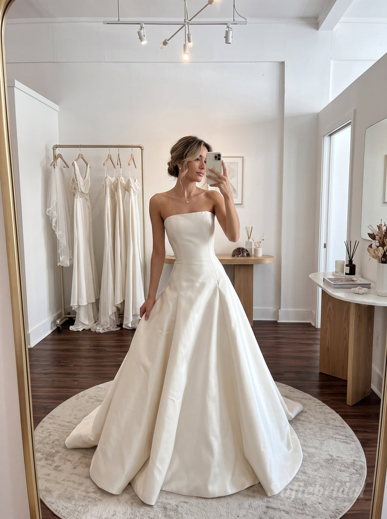 White Luxe Satin Strapless Straight Neck Structured Bodice Ball Gown Wedding Dress With Sweep Train,SFWD0108