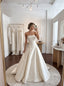 White Luxe Satin Strapless Straight Neck Structured Bodice Ball Gown Wedding Dress With Sweep Train,SFWD0108