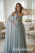 Dusty Blue Chiffon One Shoulder Twist Cutout Beaded Waist Cape Sleeve Floor Length A-Line Bridesmaid Gown,PD1358