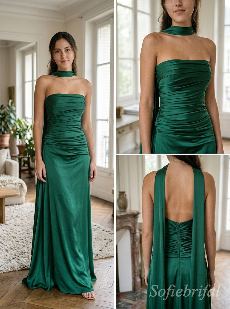Multi-Color mismatched Satin Halter Sash Strapless Tube Ruched Bodice Floor Length Sheath Bridesmaid Dress ,SFWG00725