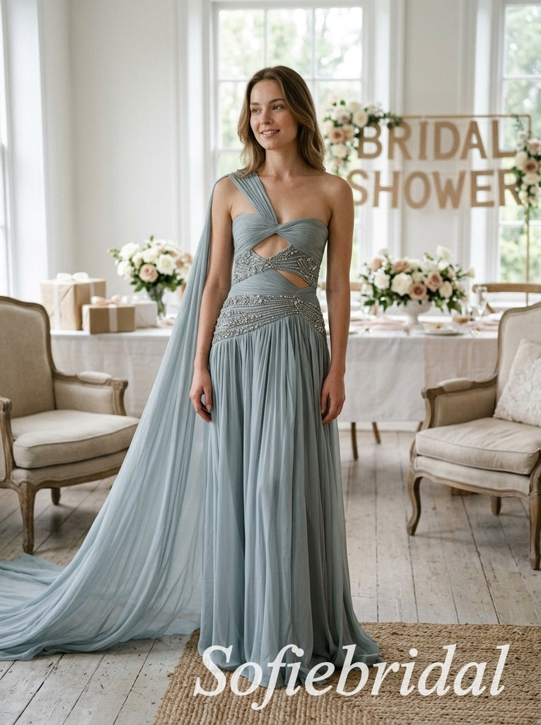 Dusty Blue Chiffon One Shoulder Twist Cutout Beaded Waist Cape Sleeve Floor Length A-Line Bridesmaid Gown,PD1358