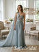 Dusty Blue Chiffon One Shoulder Twist Cutout Beaded Waist Cape Sleeve Floor Length A-Line Bridesmaid Gown,PD1358