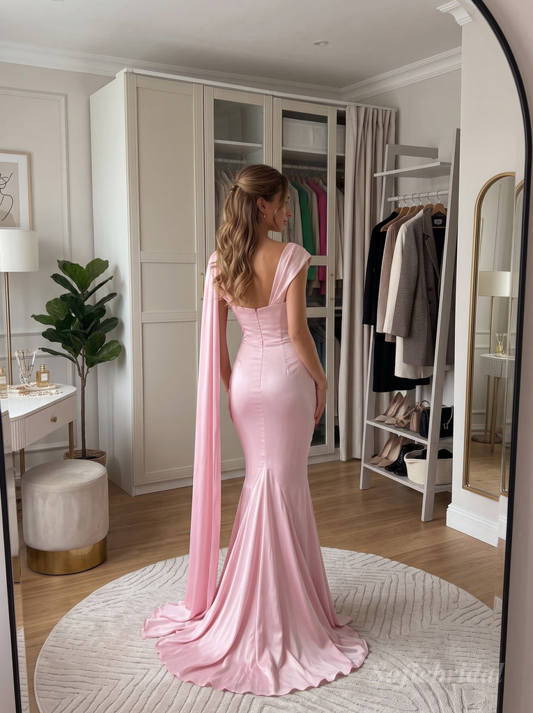 Pink Satin Draped Cowl Neck Spaghetti Strap Mermaid Evening Dress With Long Streamers,PD13863