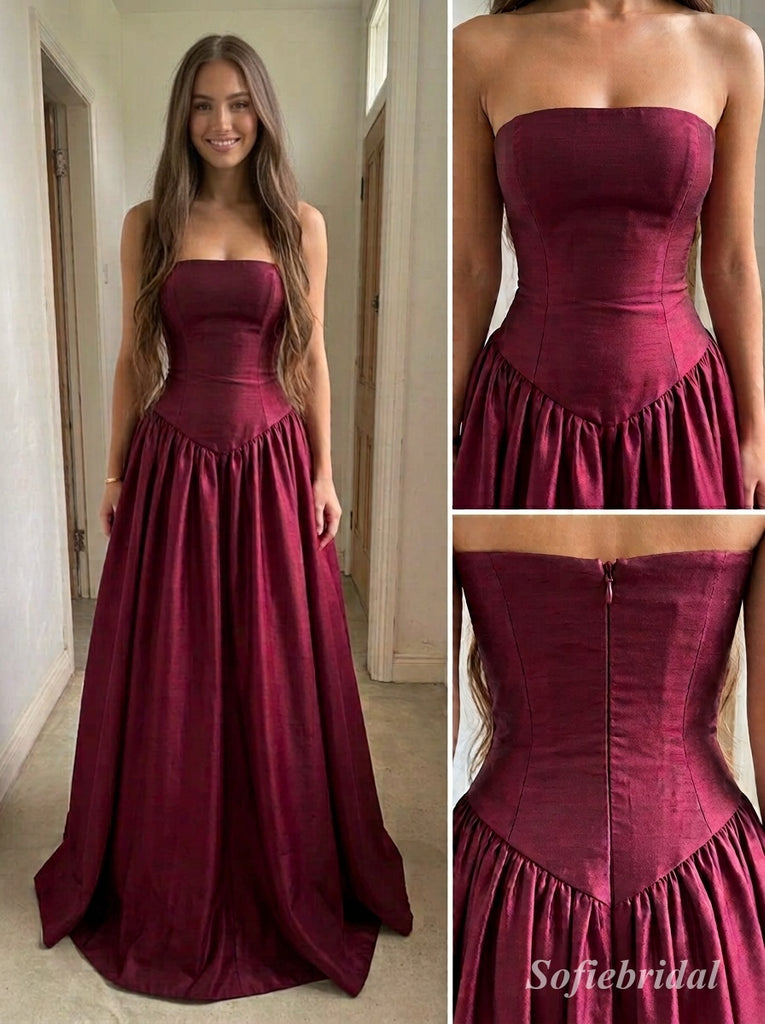 Burgundy Satin Strapless Straight Neck Structured Bodice Gathered A-Line Evening Dress,PD13841