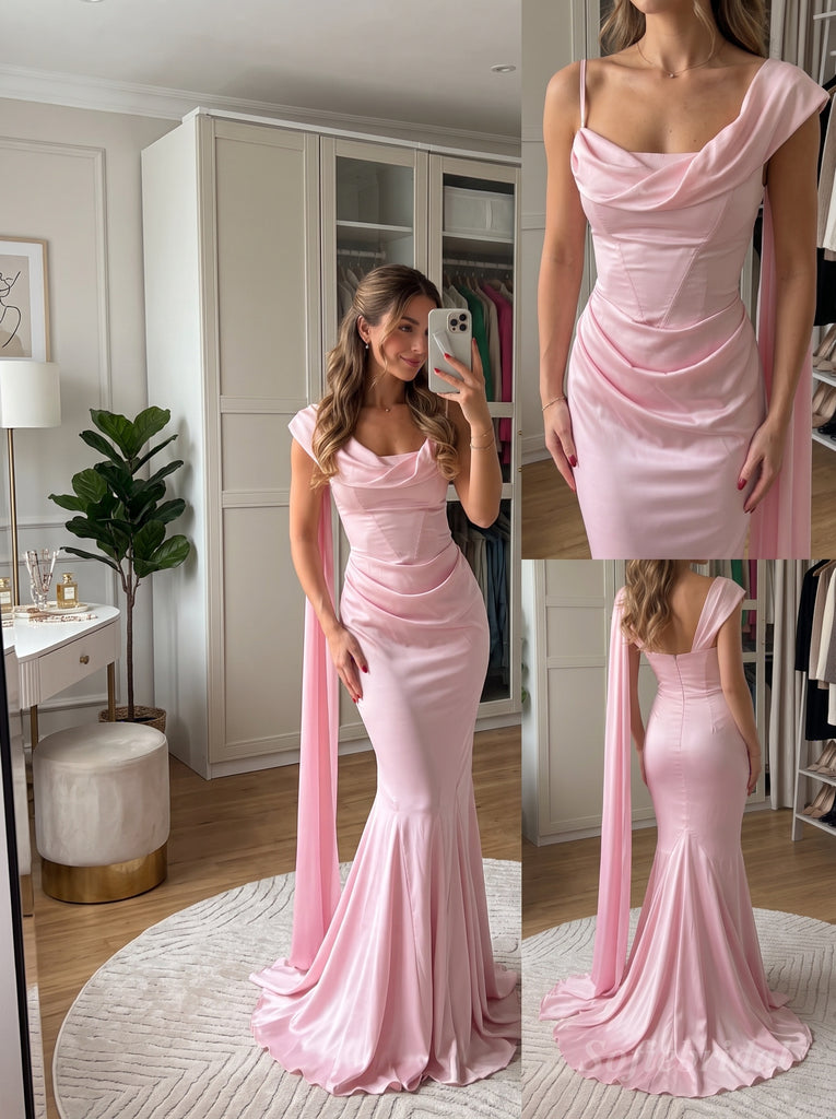 Pink Satin Draped Cowl Neck Spaghetti Strap Mermaid Evening Dress With Long Streamers,PD13863
