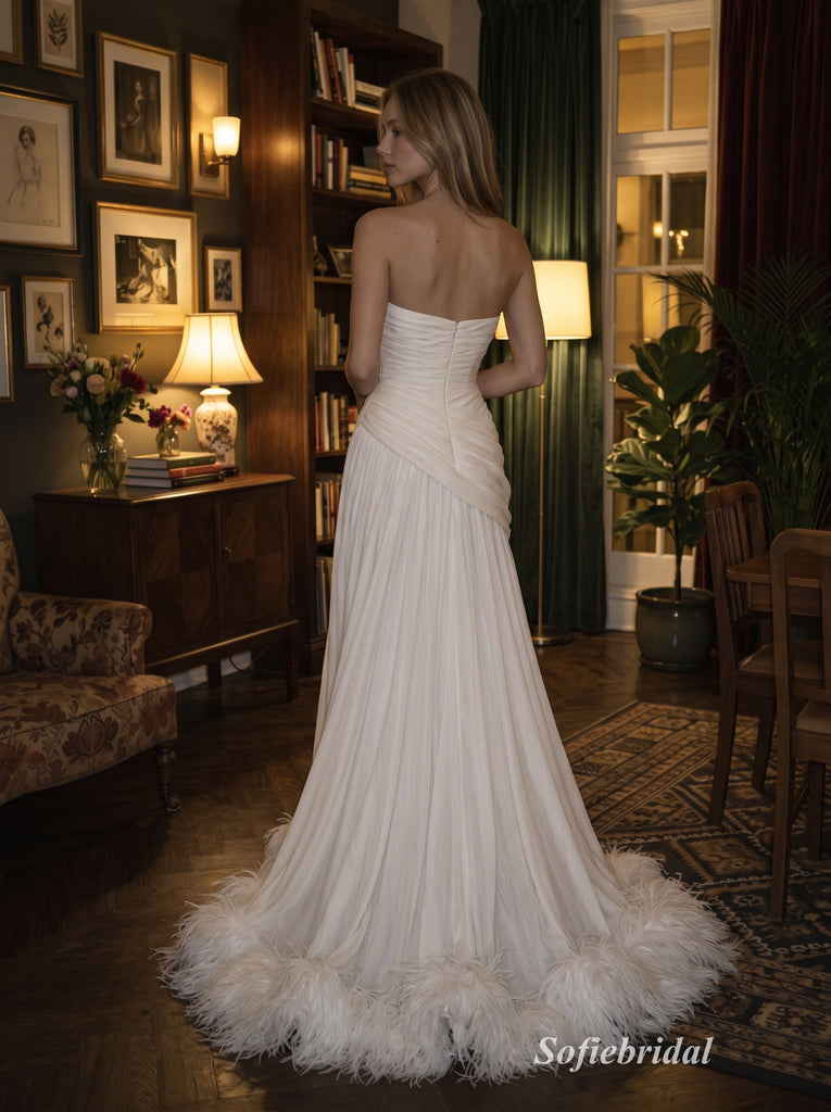 Ivory Strapless Tube Ruched Bodice Chiffon A Line Wedding Dress With Feather Hem Sweep Train,PD13860