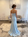 Light Sky Blue Strapless Straight Neck Rhinestone Corset Bodice Satin Mermaid Slit Floor Length Evening Dress,PD13856